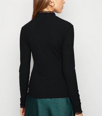 Image of Black Ribbed Chiffon Trim Long Sleeve Top New Look