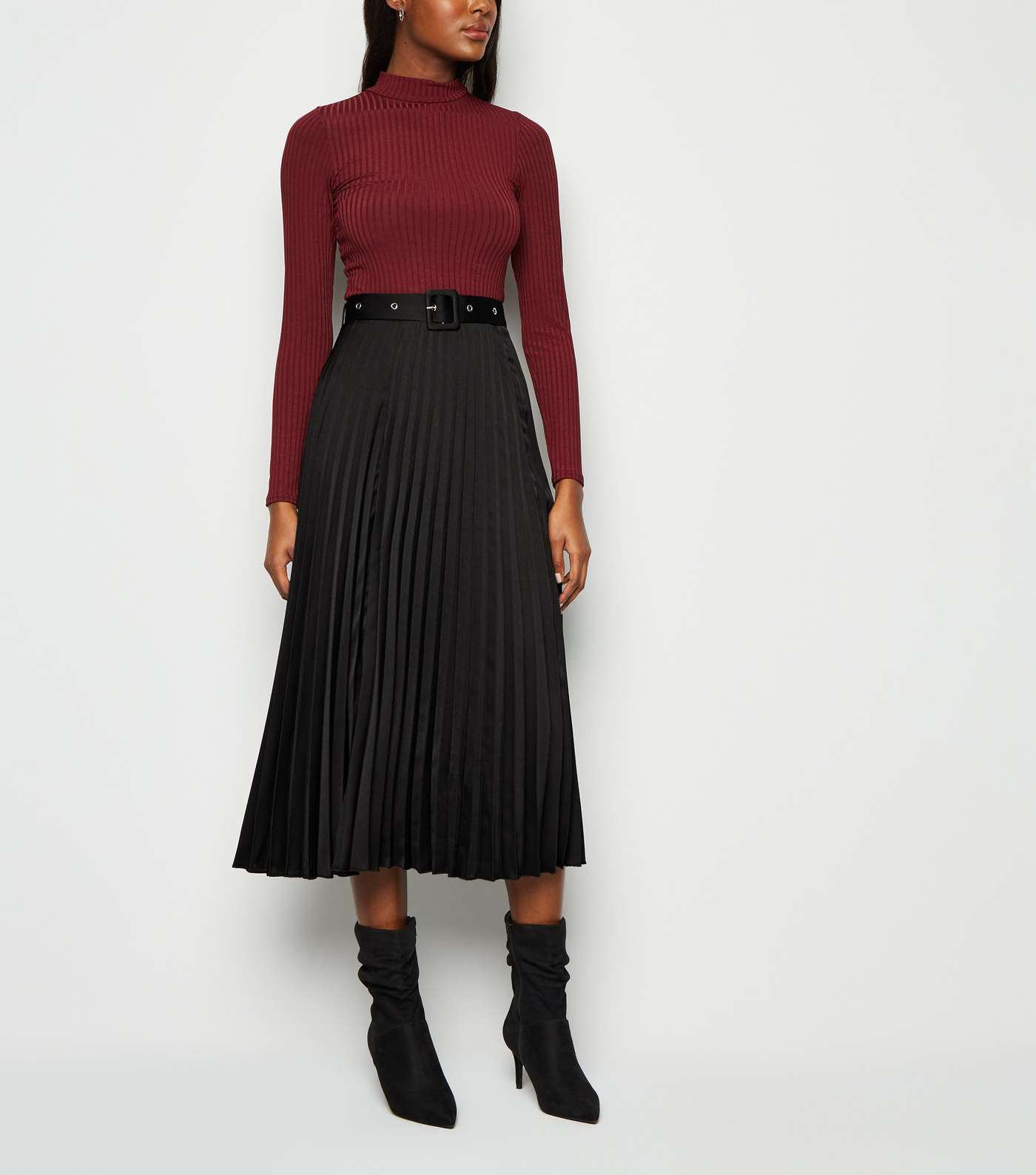 Black Belted Pleated Satin Midi Skirt