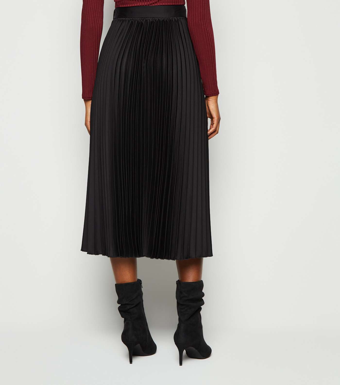 Black Belted Pleated Satin Midi Skirt Image 3