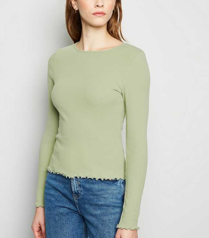 Light Green Frill Ribbed Long Sleeve Top
