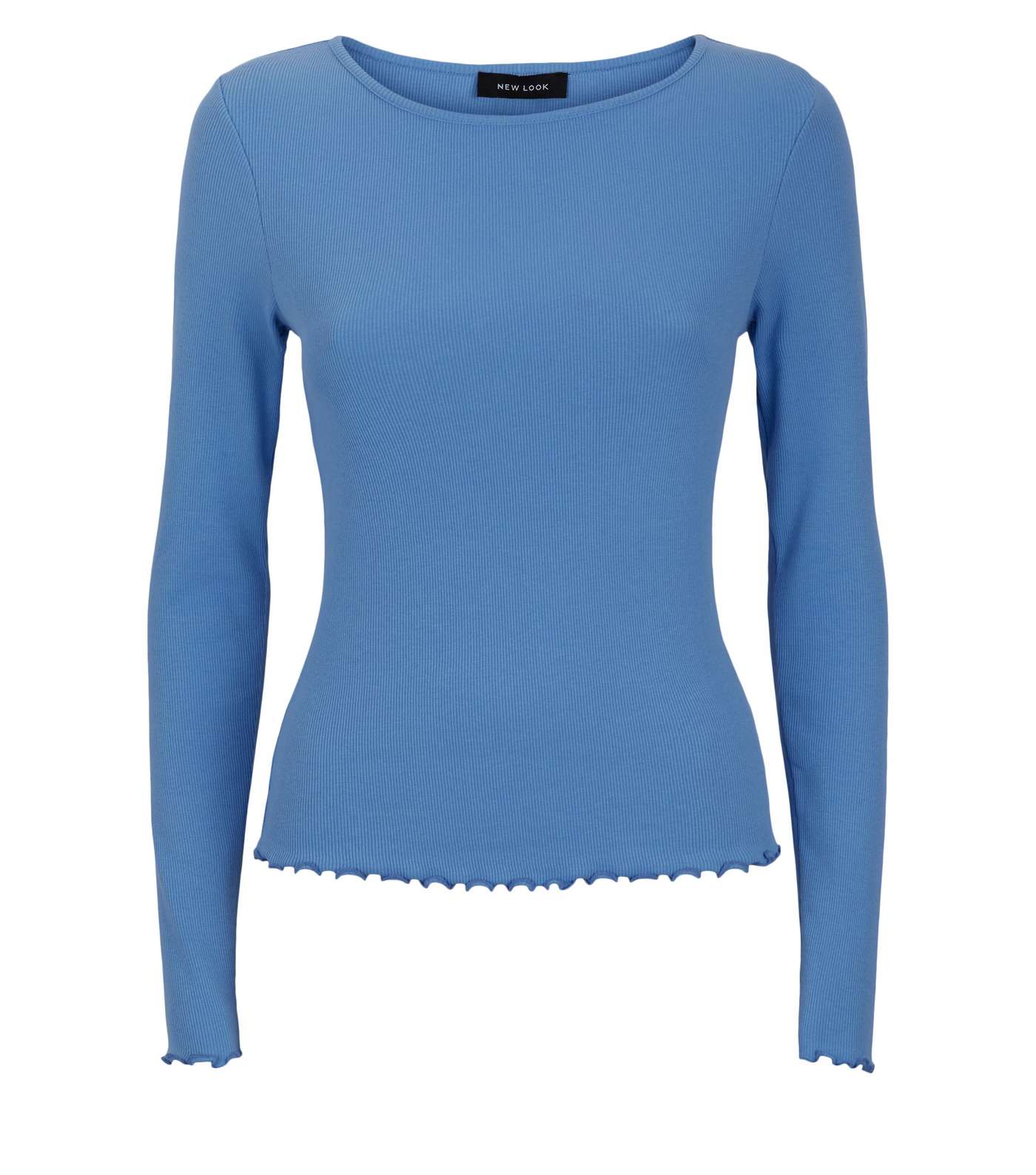 Blue Frill Ribbed Long Sleeve Top Image 4