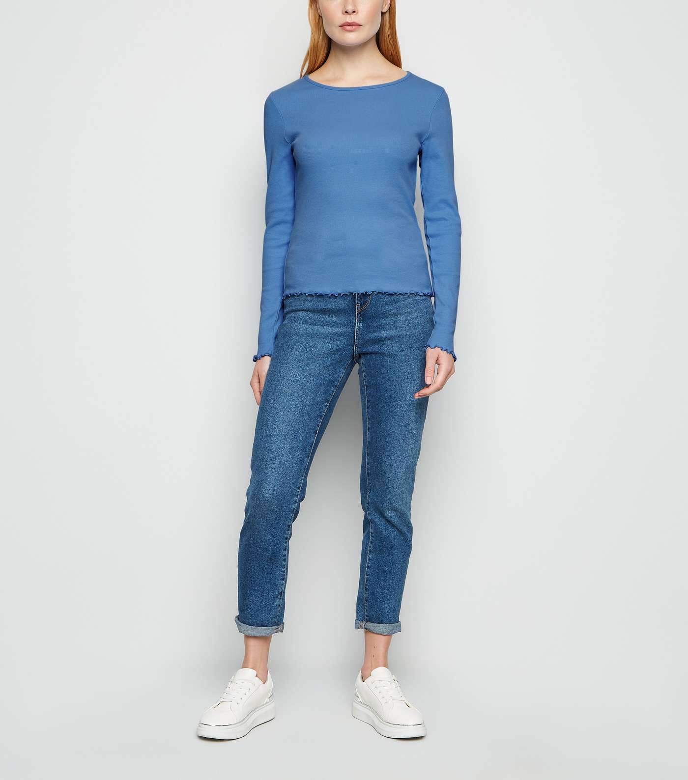 Blue Frill Ribbed Long Sleeve Top Image 2