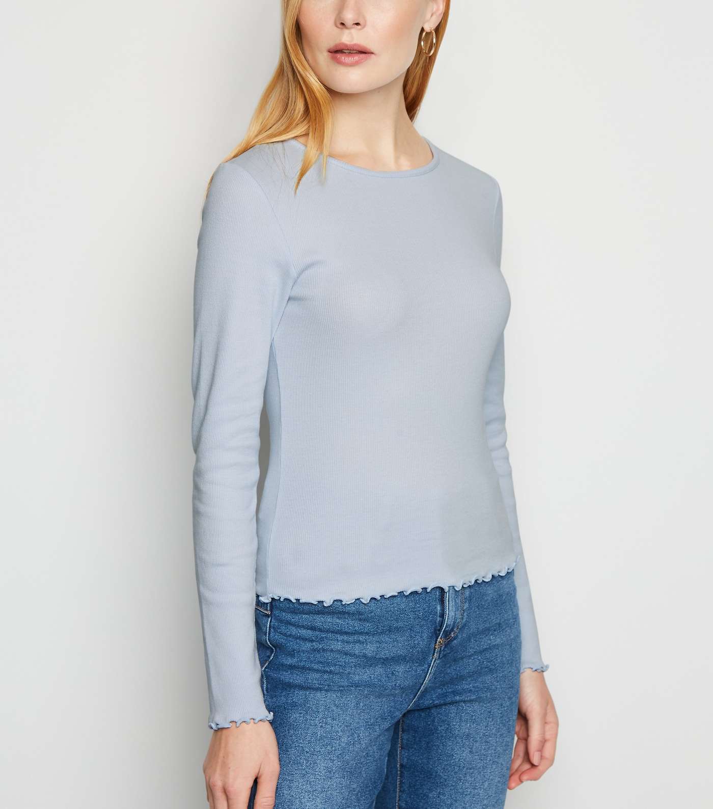 Pale Blue Frill Ribbed Long Sleeve Top