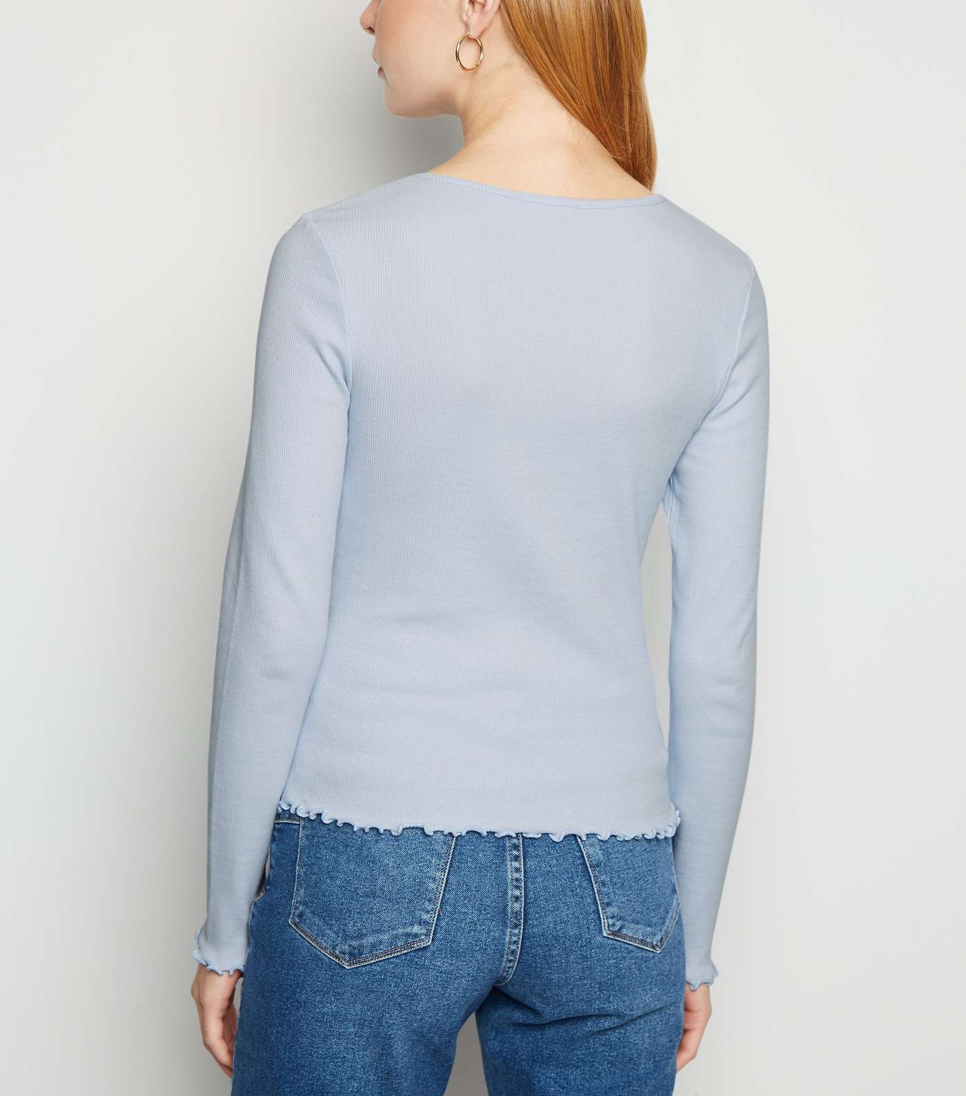 Pale Blue Frill Ribbed Long Sleeve Top Image 3