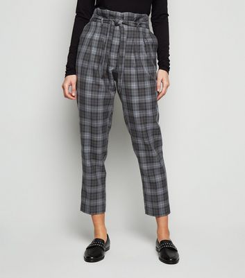 Image of Dark Grey Check Tie High Waist Trousers New Look
