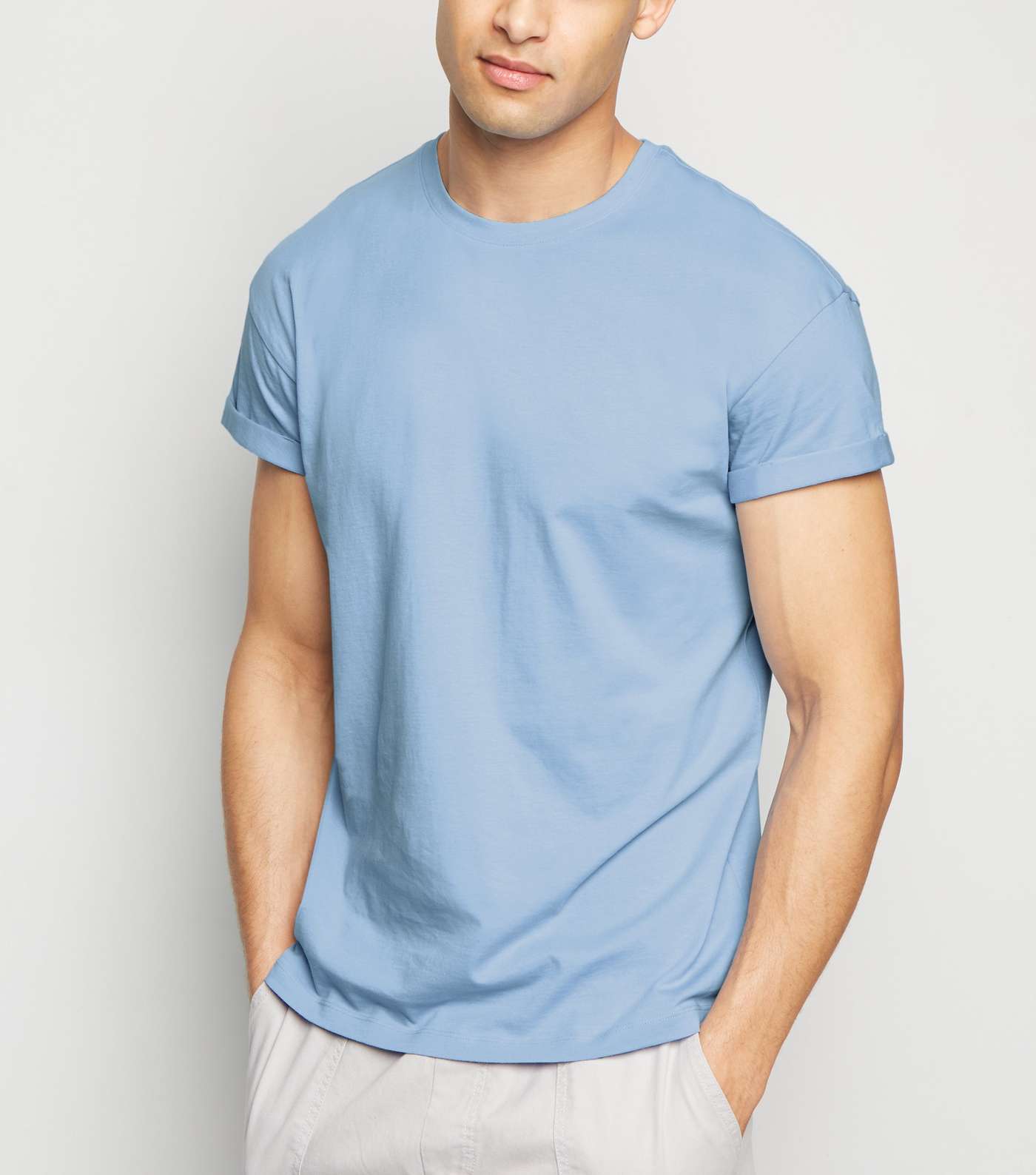 Pale Blue Cotton Short Roll Sleeve T-Shirt