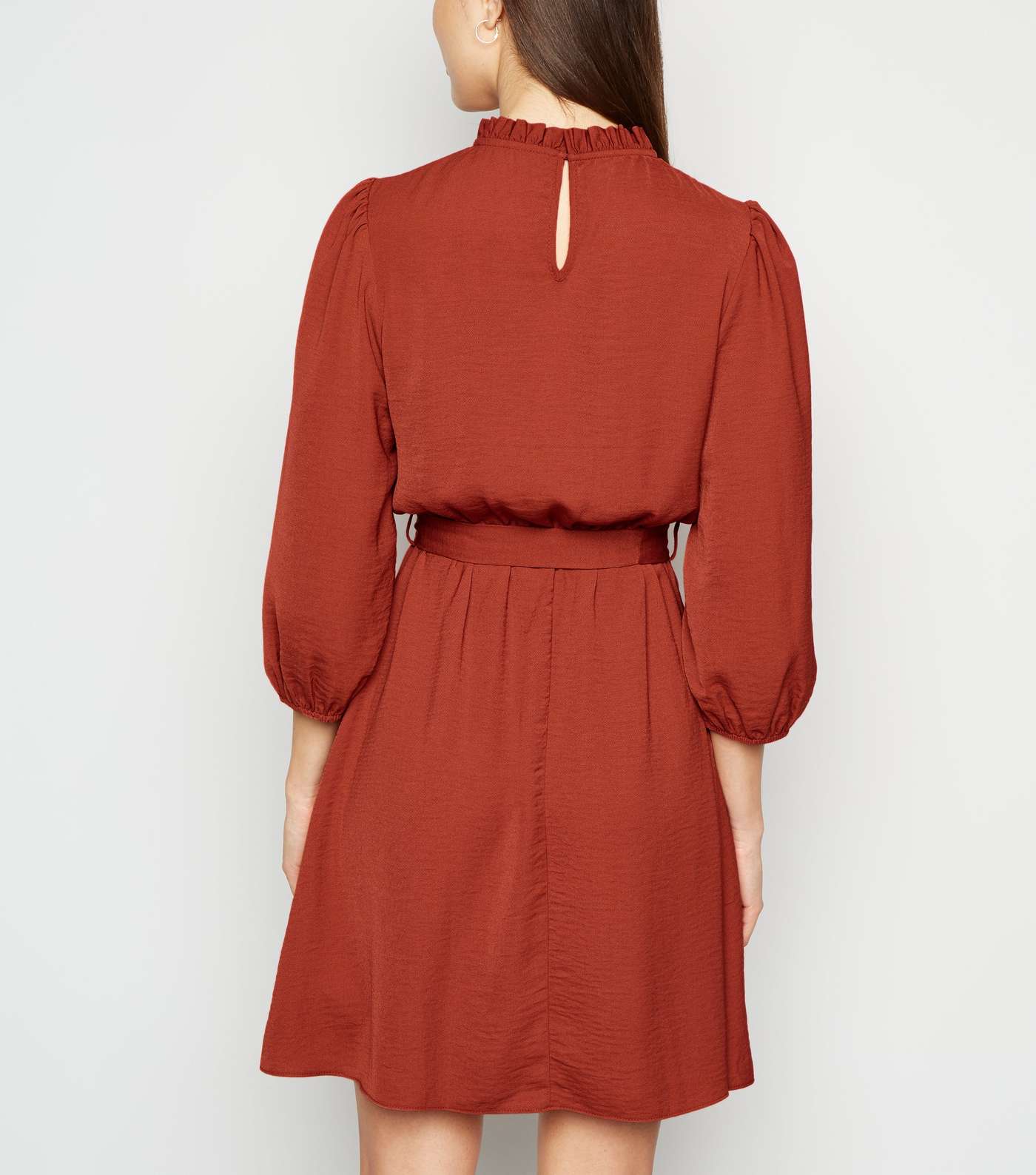 Rust Frill Neck Belted Mini Dress Image 3
