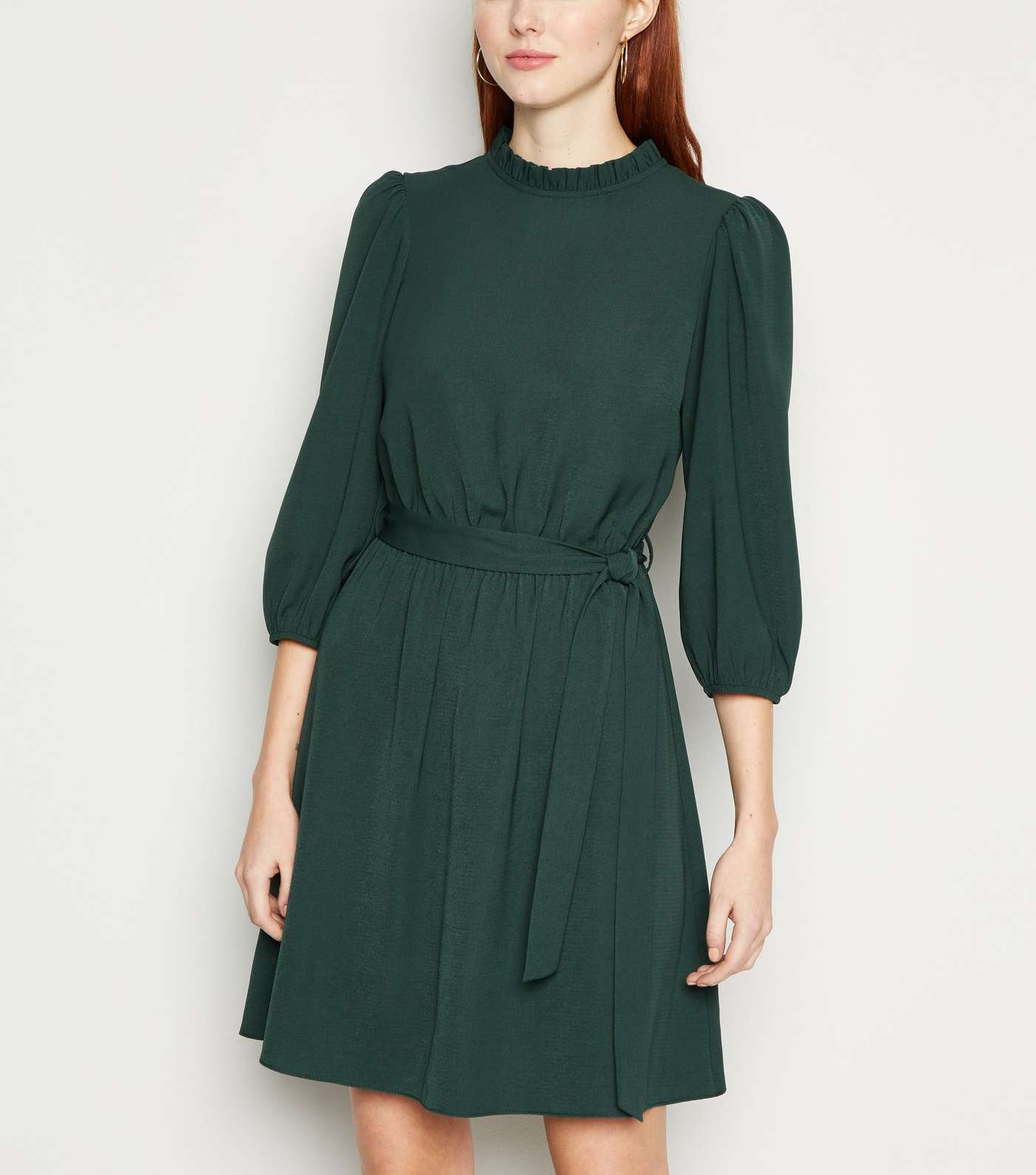 Dark Green Frill Neck Belted Mini Dress