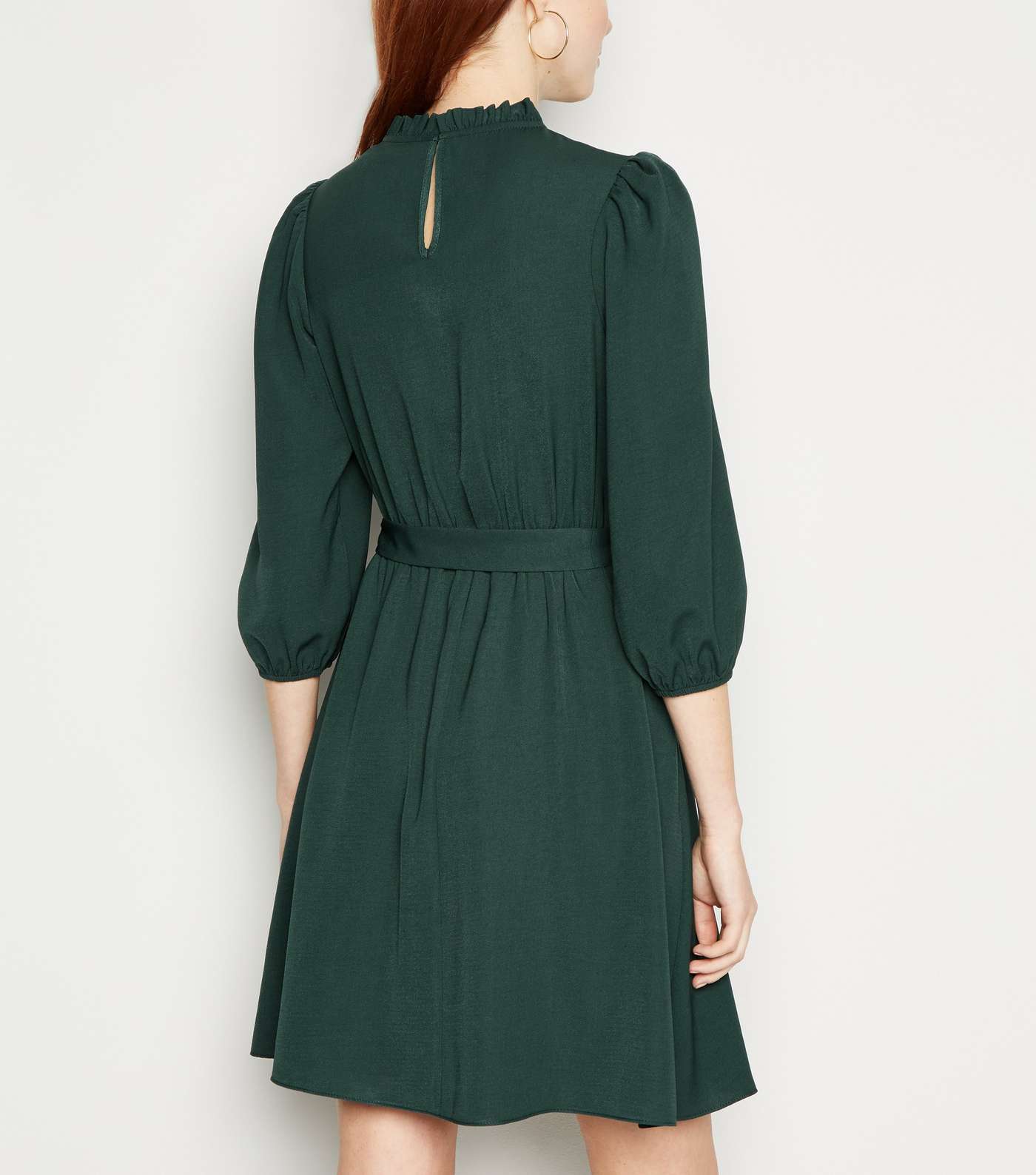 Dark Green Frill Neck Belted Mini Dress Image 3