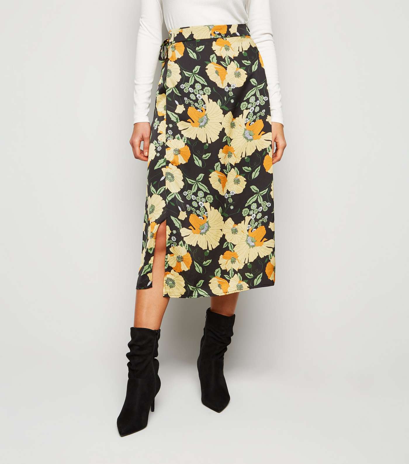 Urban Bliss Black Satin Floral Wrap Midi Skirt Image 2