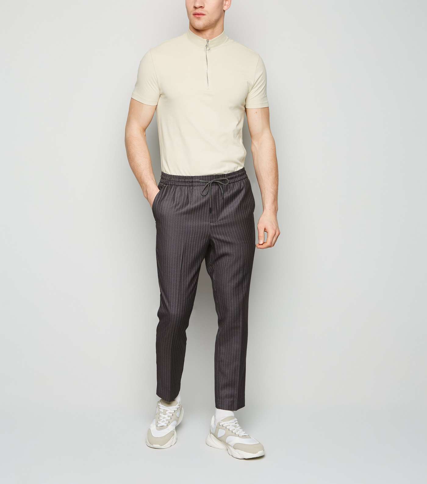 Grey Pinstripe Pull On Trousers Image 2