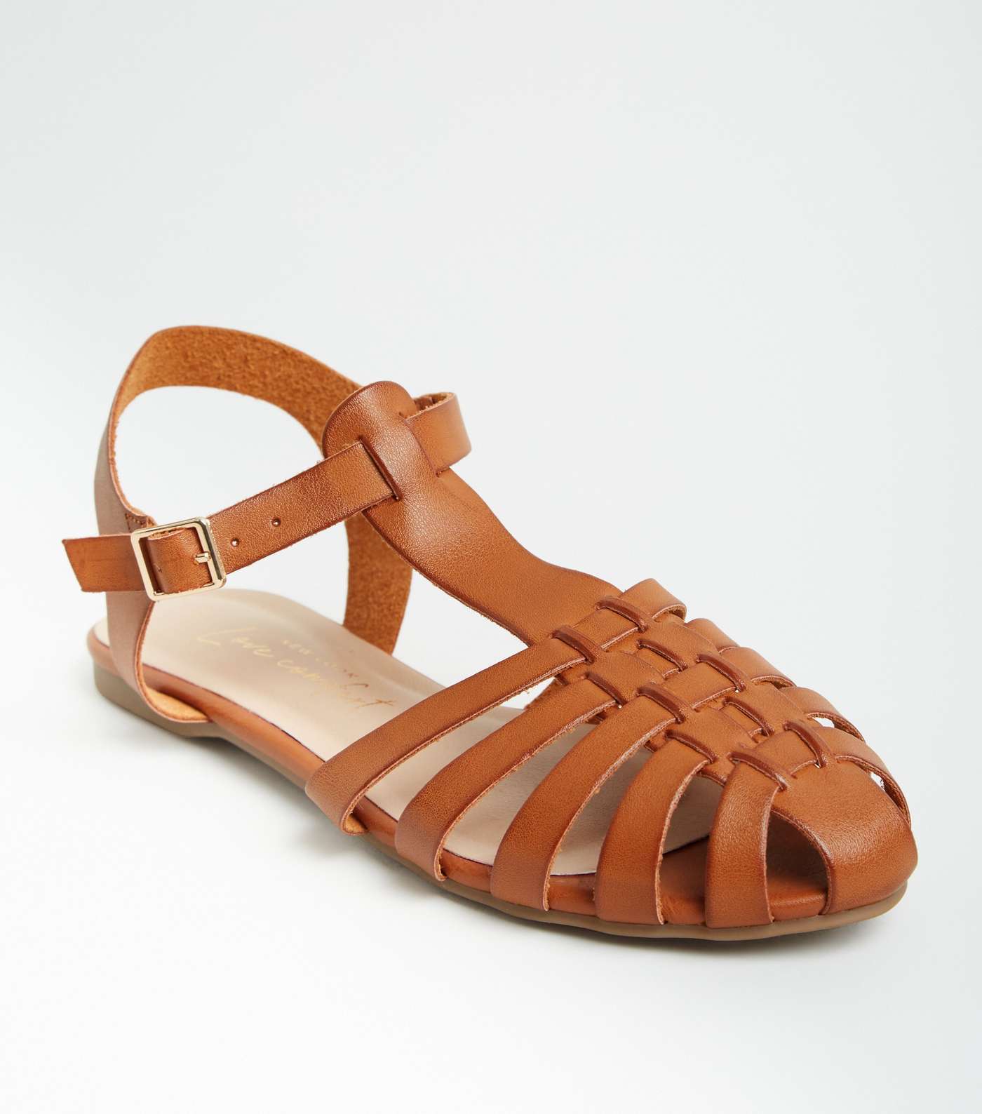 Tan Leather-Look Caged Flat Sandals