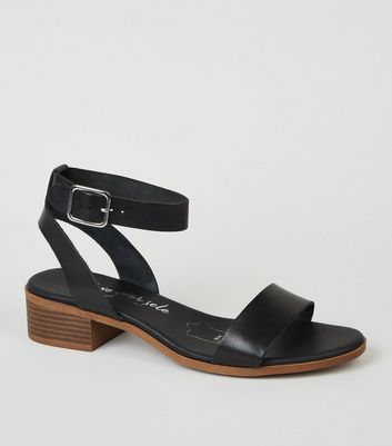 Black Leather Low Block Heel Sandals 