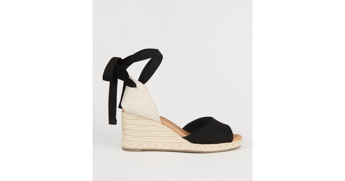 anden omhyggelig Premonition Black Ankle Tie Peep Toe Espadrille Wedges | New Look