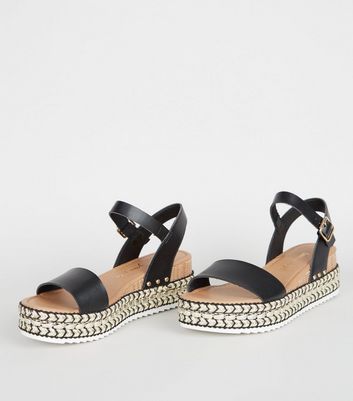 Image of Black Leather-Look Woven Flatform Sandals New Look