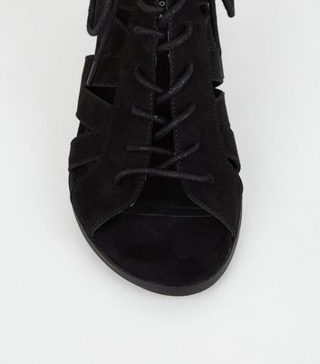 black suedette lace up ghillie block heel sandals