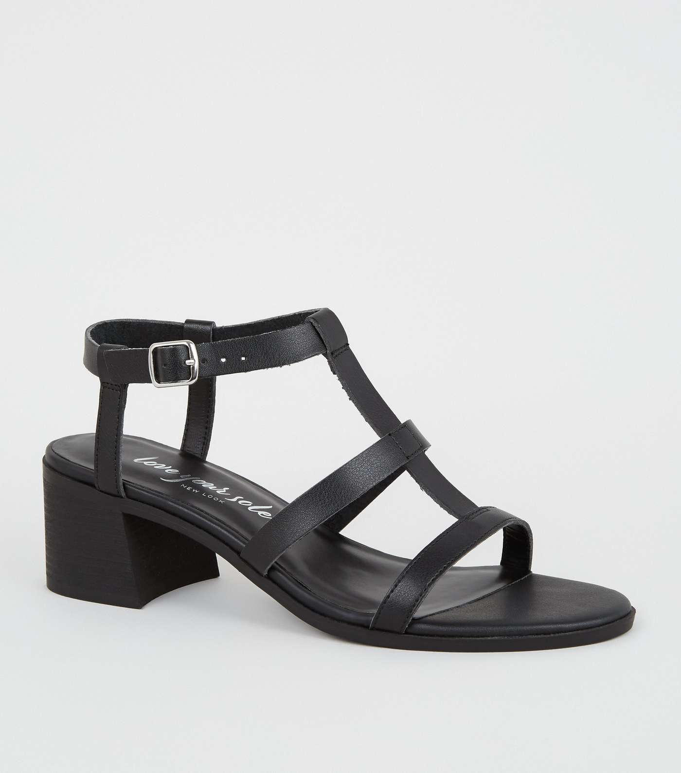 Black Leather-Look Block Heel Gladiator Sandals