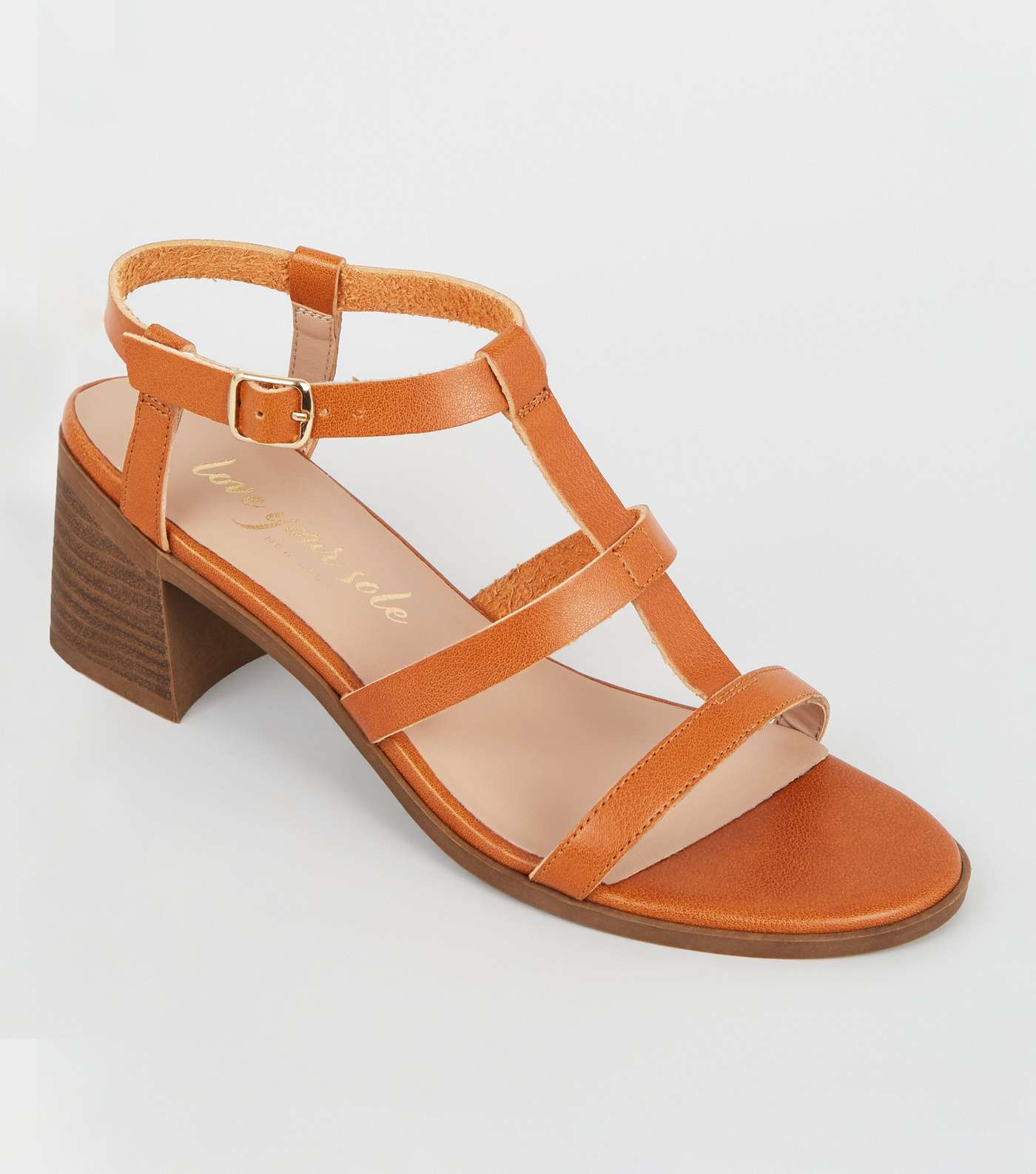 Tan Leather-Look Block Heel Gladiator Sandals