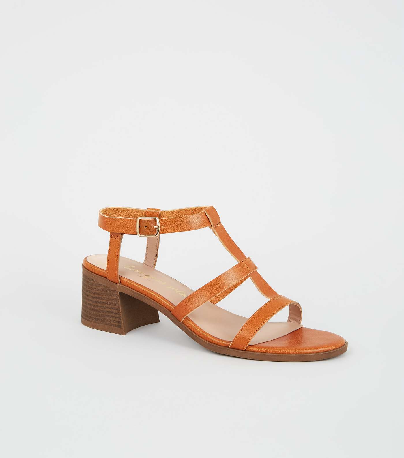 Tan Leather-Look Block Heel Gladiator Sandals Image 3
