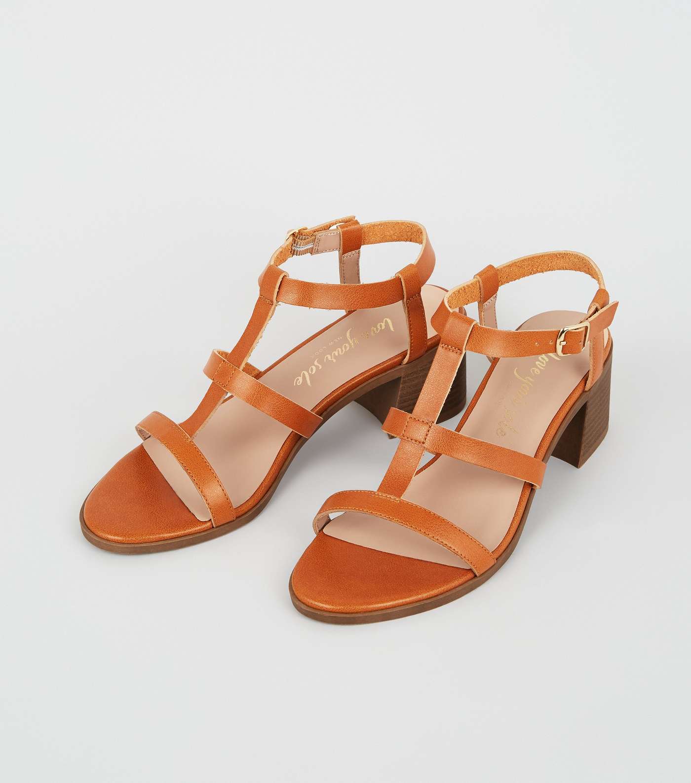 Tan Leather-Look Block Heel Gladiator Sandals Image 4