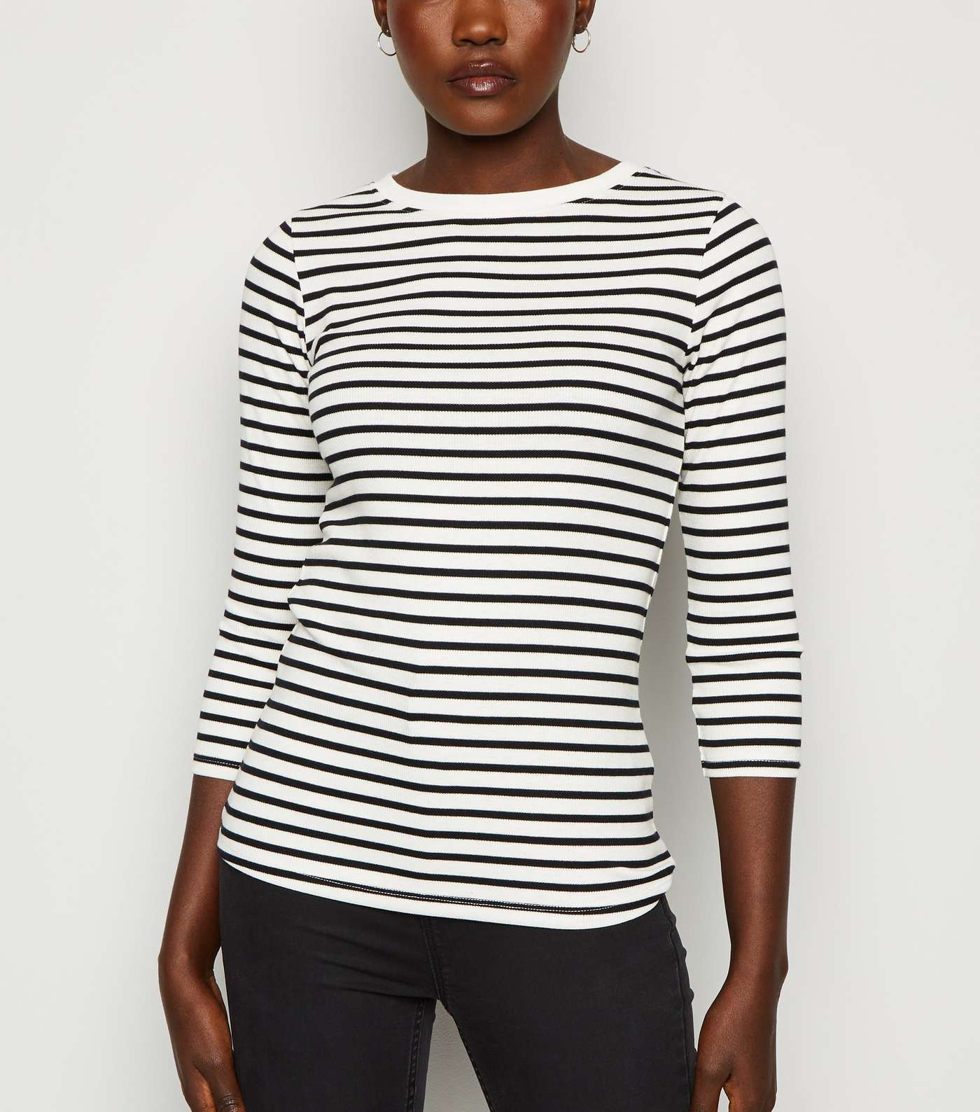 White Stripe Ribbed 3/4 Sleeve T-Shirt