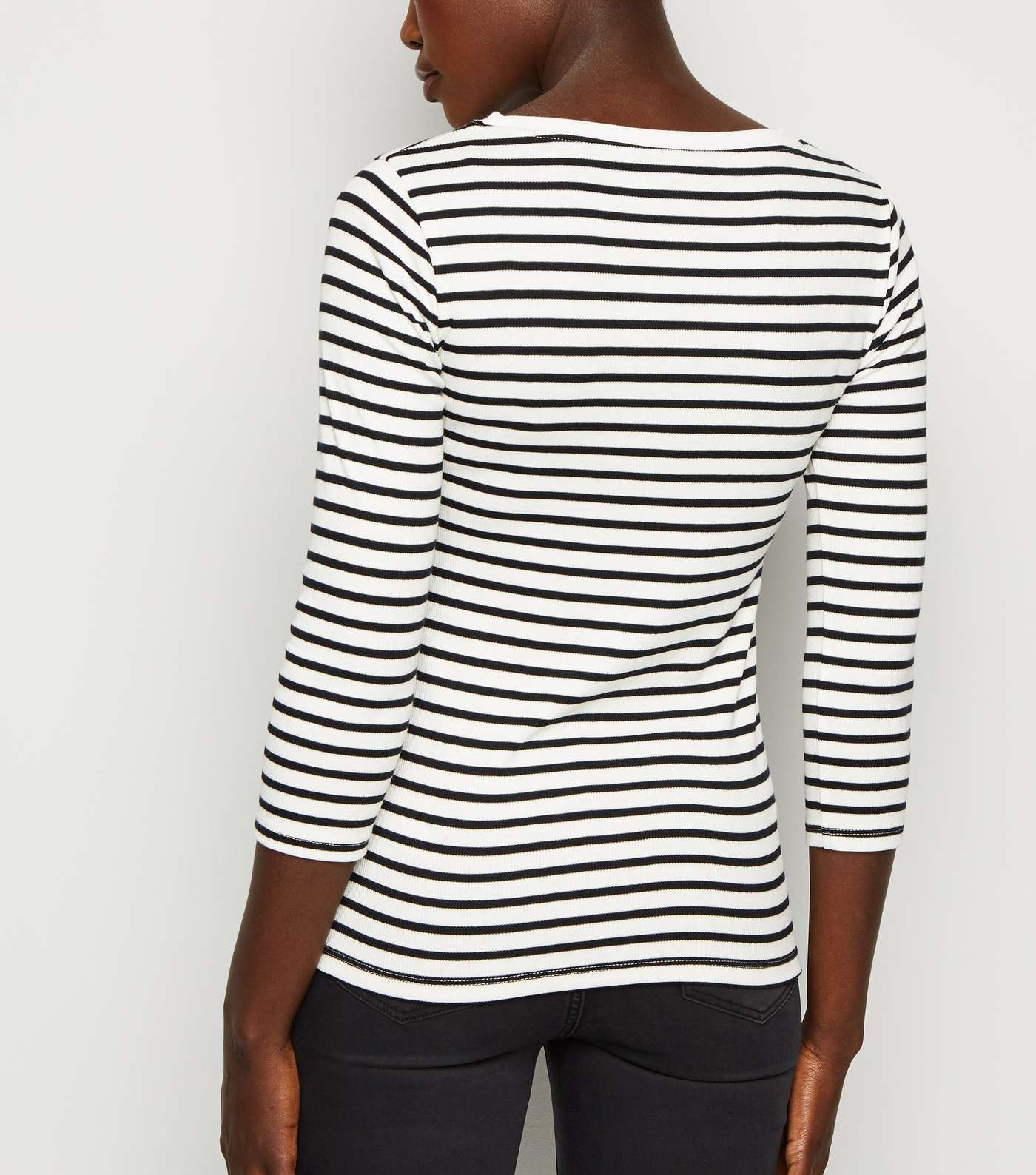 White Stripe Ribbed 3/4 Sleeve T-Shirt Image 3