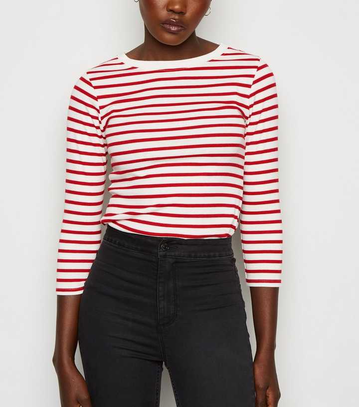 Red Stripe Ribbed 3/4 Sleeve T-Shirt