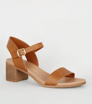 Tan Leather-Look Low Block Heel Sandals 