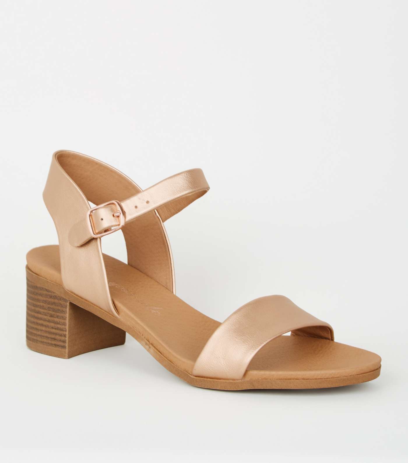 Rose Gold Leather-Look Low Block Heel Sandals