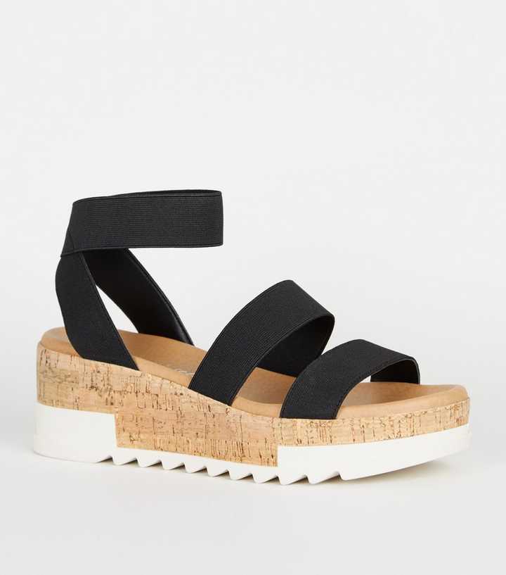 Black Elastic Ankle Strap Cork Flatform Sandals