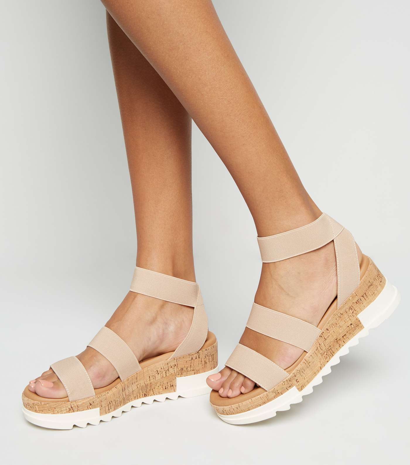 Pale Pink Elastic Ankle Strap Cork Flatform Sandals Image 2