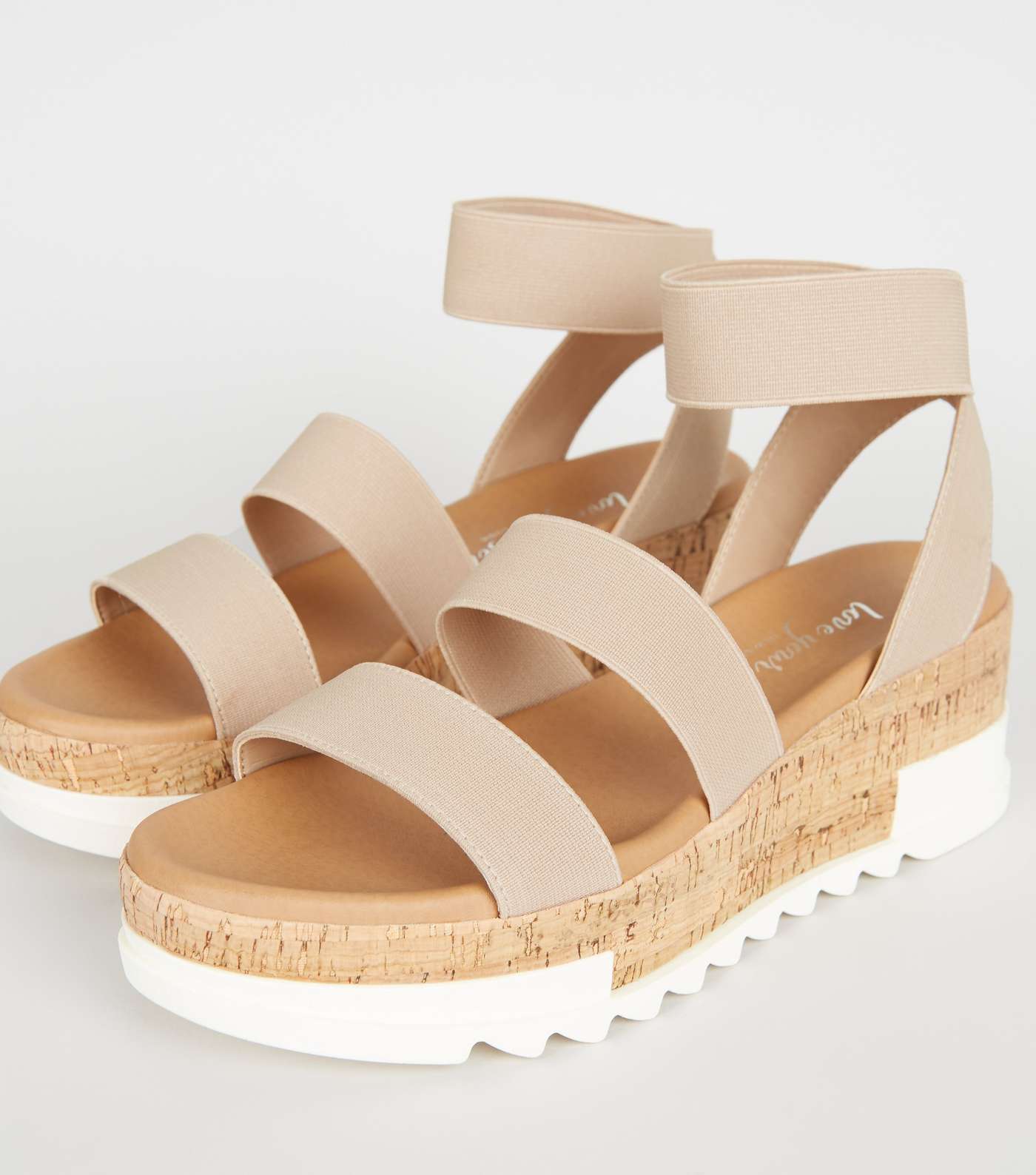 Pale Pink Elastic Ankle Strap Cork Flatform Sandals Image 4