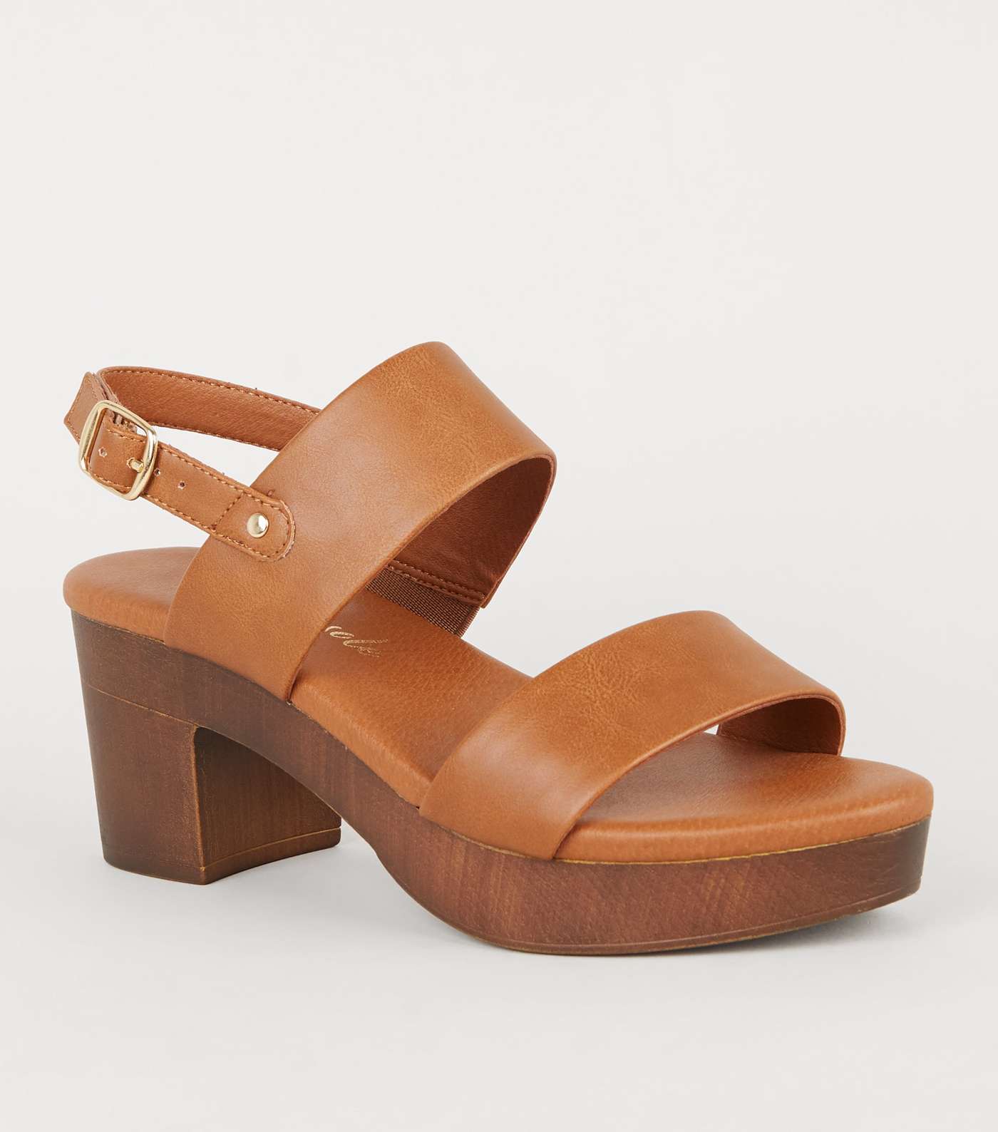 Tan Leather-Look Wood Platform Block Heels