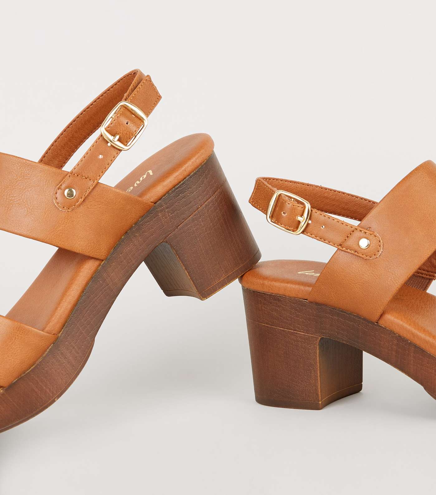 Tan Leather-Look Wood Platform Block Heels Image 3