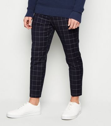 Image of Navy Check Skinny Cropped Trousers New Look