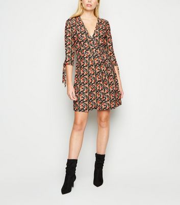 Image of Apricot Black Floral Tie Sleeve Skater Dress New Look