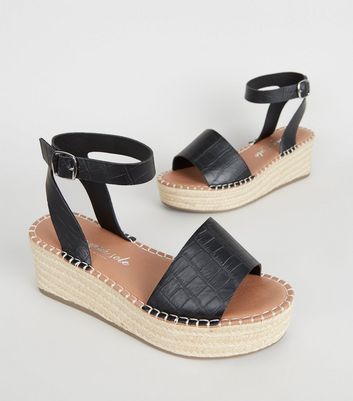 Image of Wide Fit Black Faux Croc Espadrille Flatform Sandals New Look Vegan