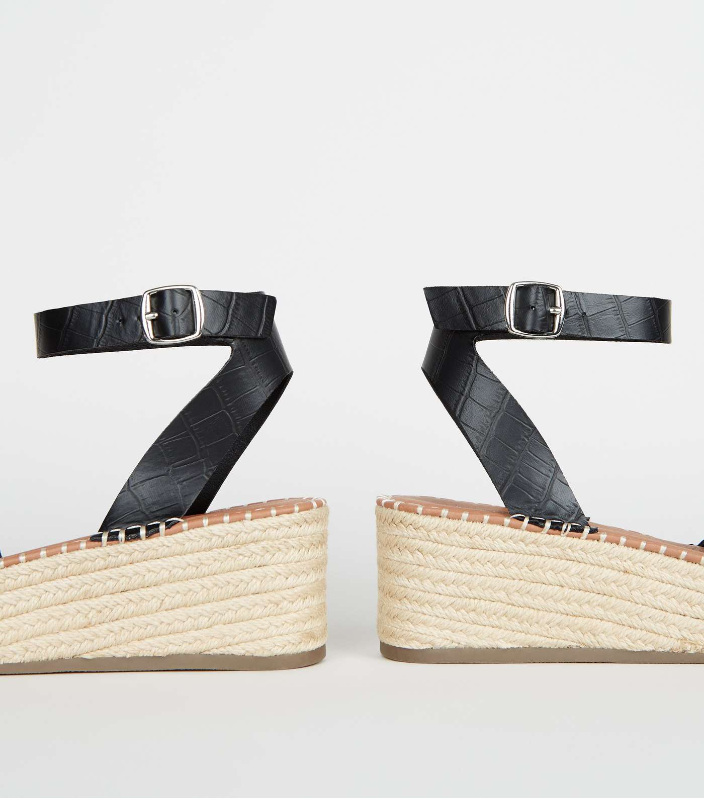 Wide Fit Black Faux Croc Espadrille Flatform Sandals Image 4