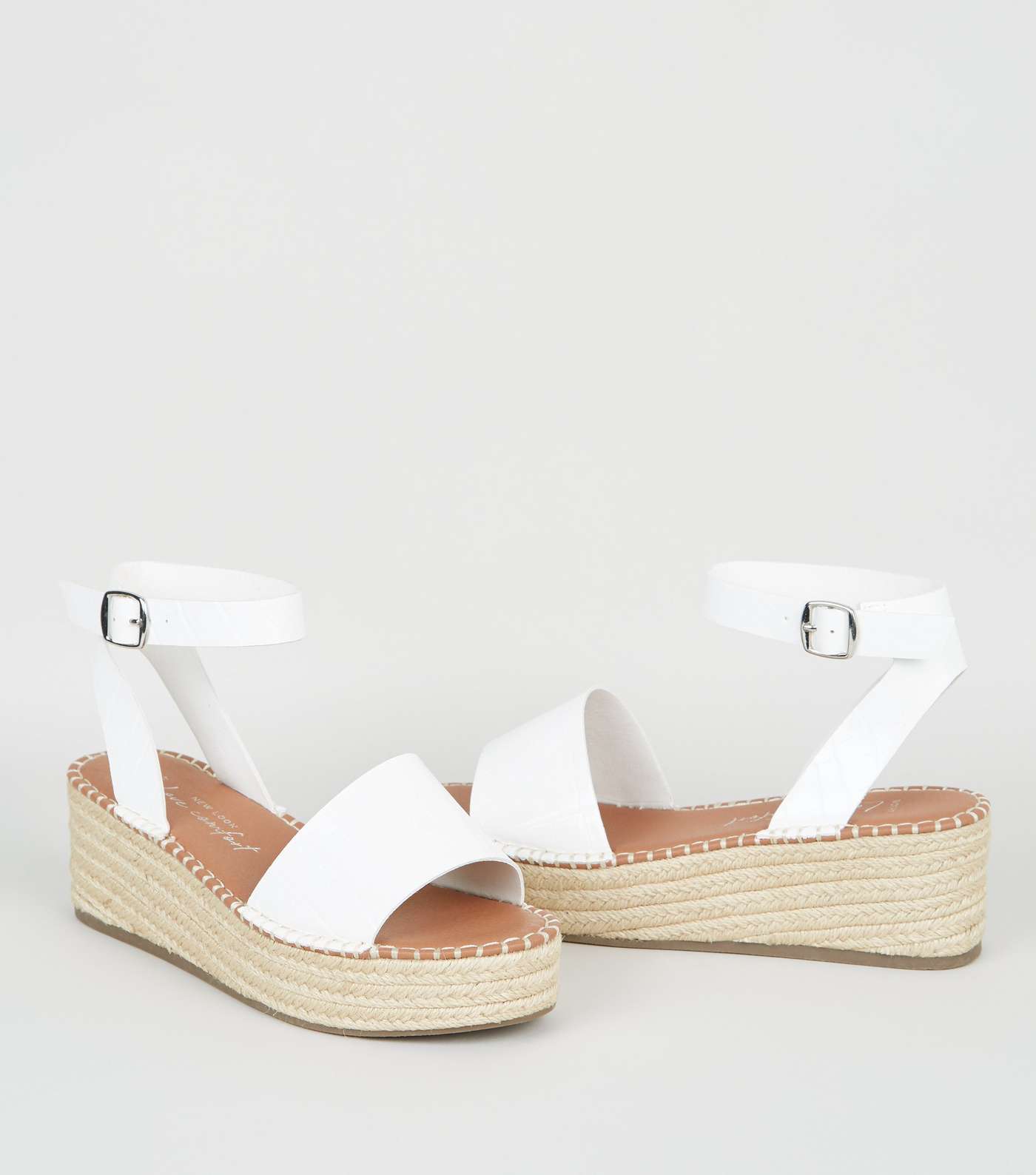 Wide Fit White Faux Croc Espadrille Flatform Sandals Image 3