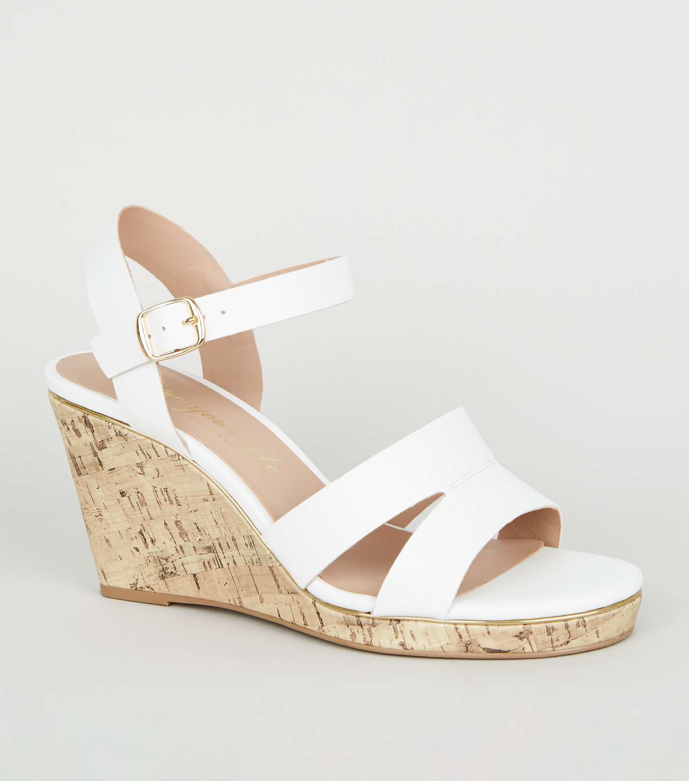 Wide Fit White Leather-Look Cork Wedges