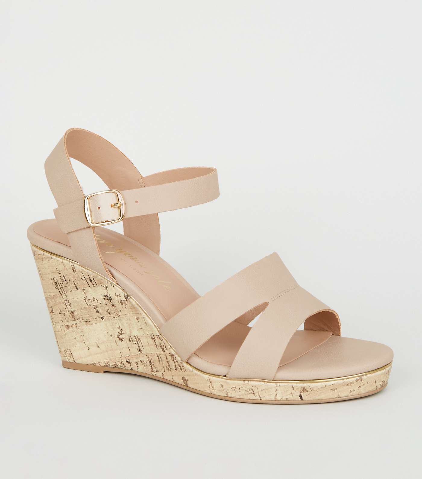 Wide Fit Cream Leather-Look Cork Wedges