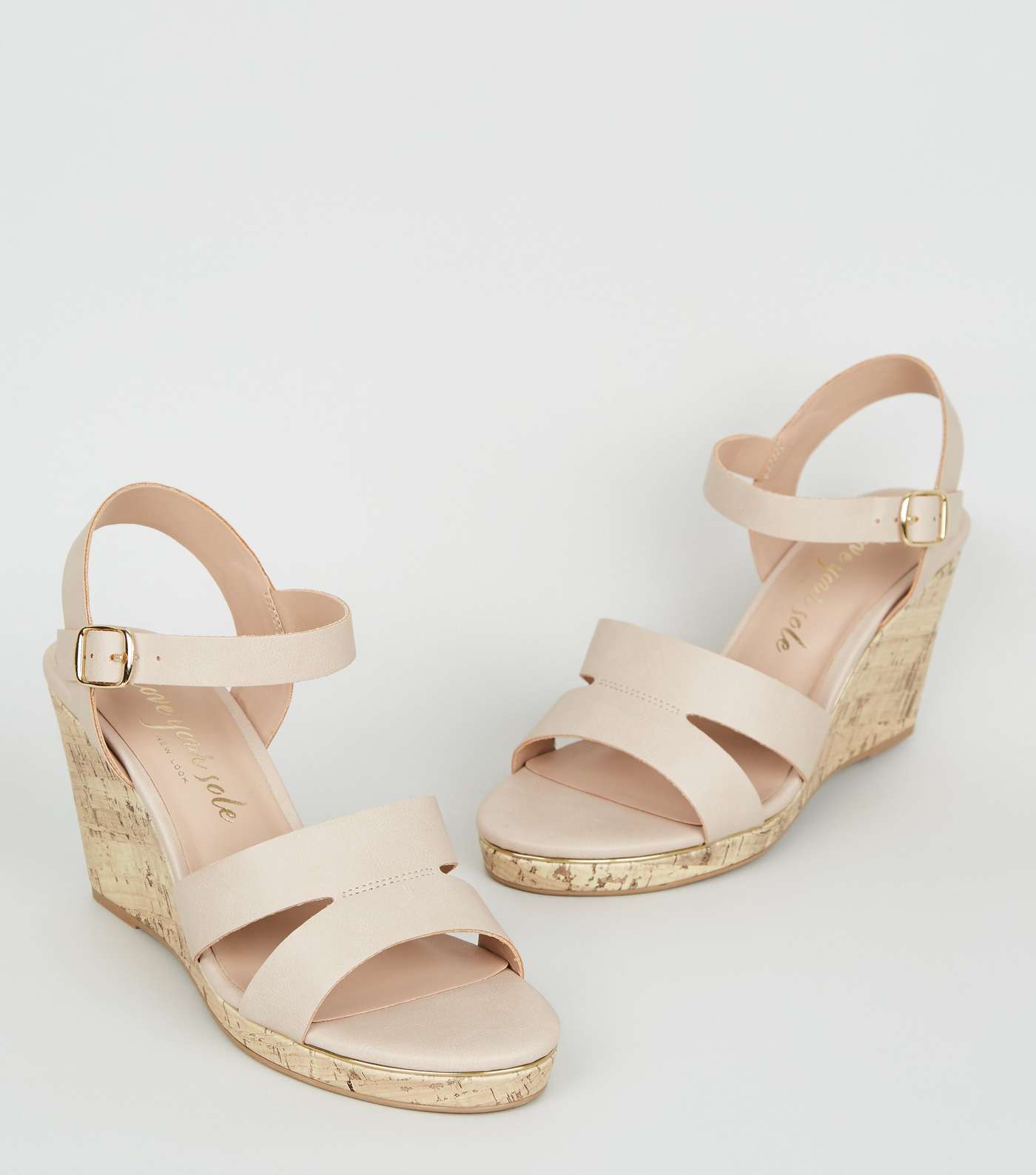 Wide Fit Cream Leather-Look Cork Wedges Image 3