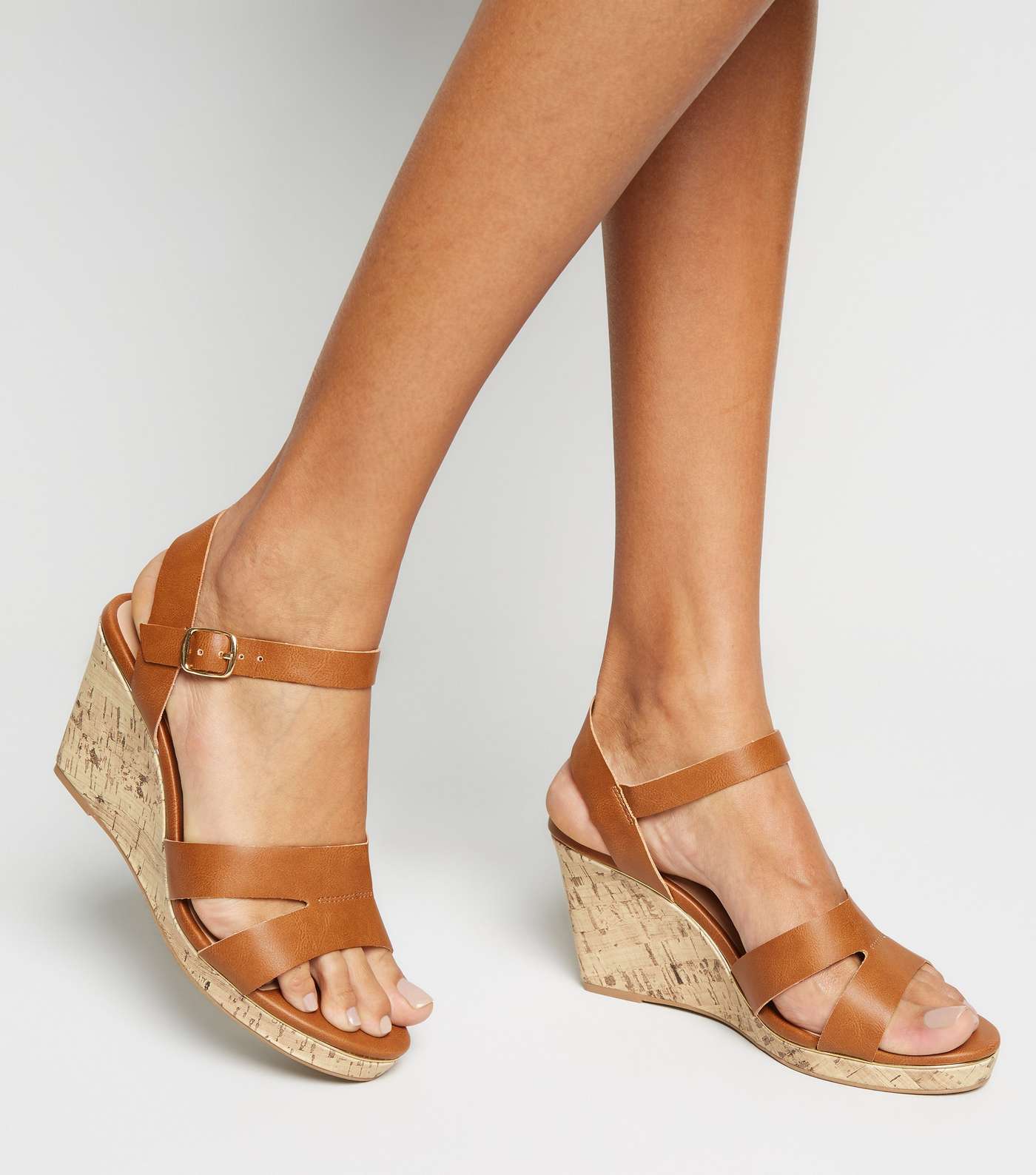 Wide Fit Tan Leather-Look Cork Wedges Image 2