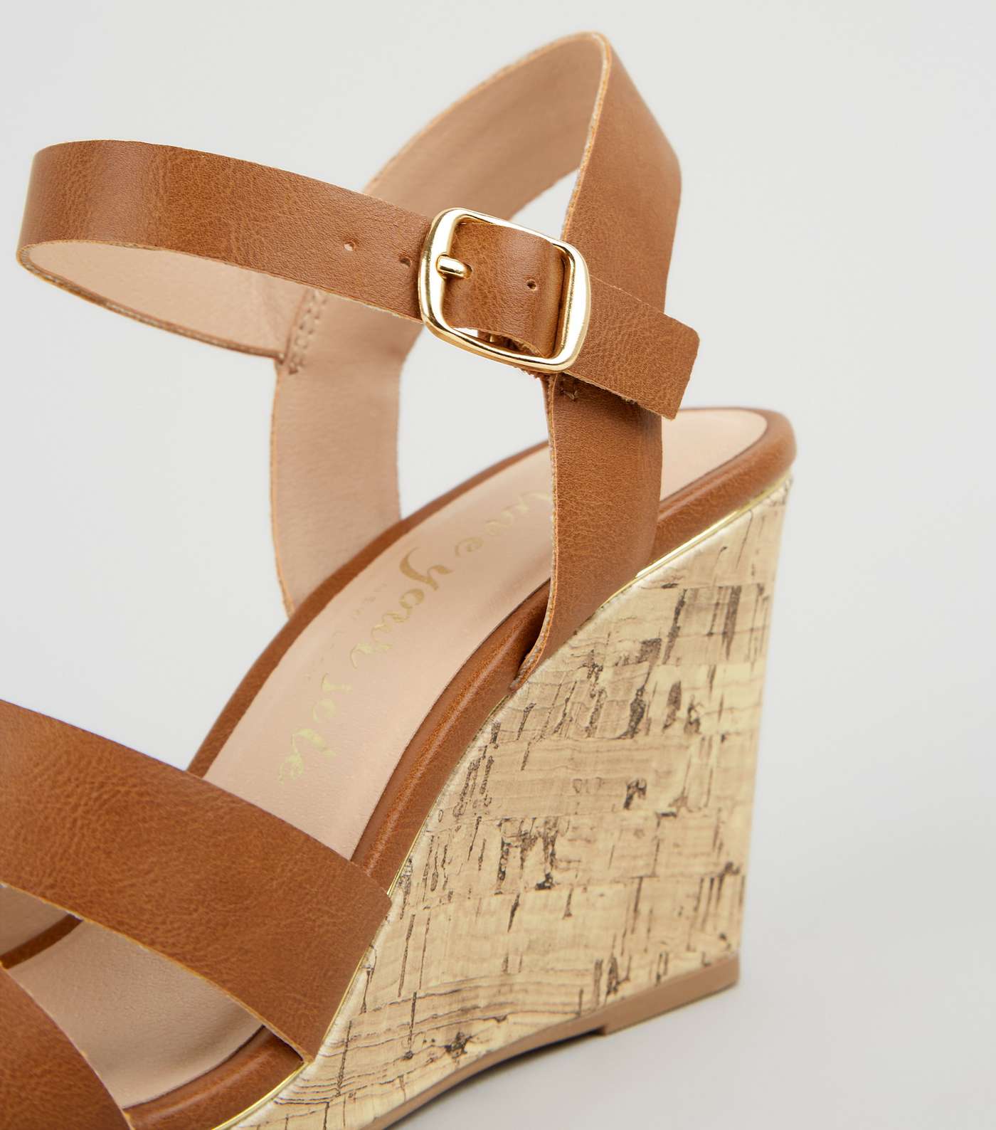 Wide Fit Tan Leather-Look Cork Wedges Image 4