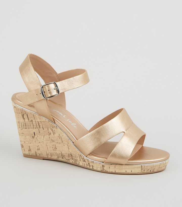 Wide Fit Rose Gold Leather-Look Cork Wedges