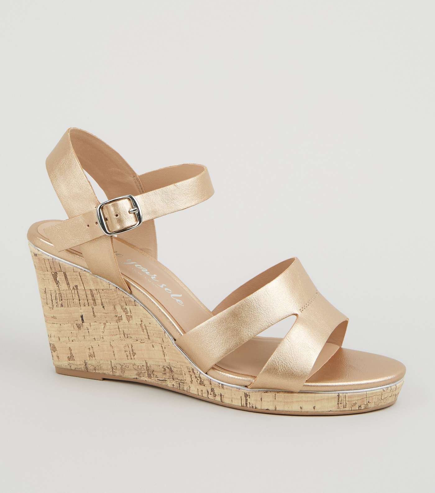 Wide Fit Rose Gold Leather-Look Cork Wedges
