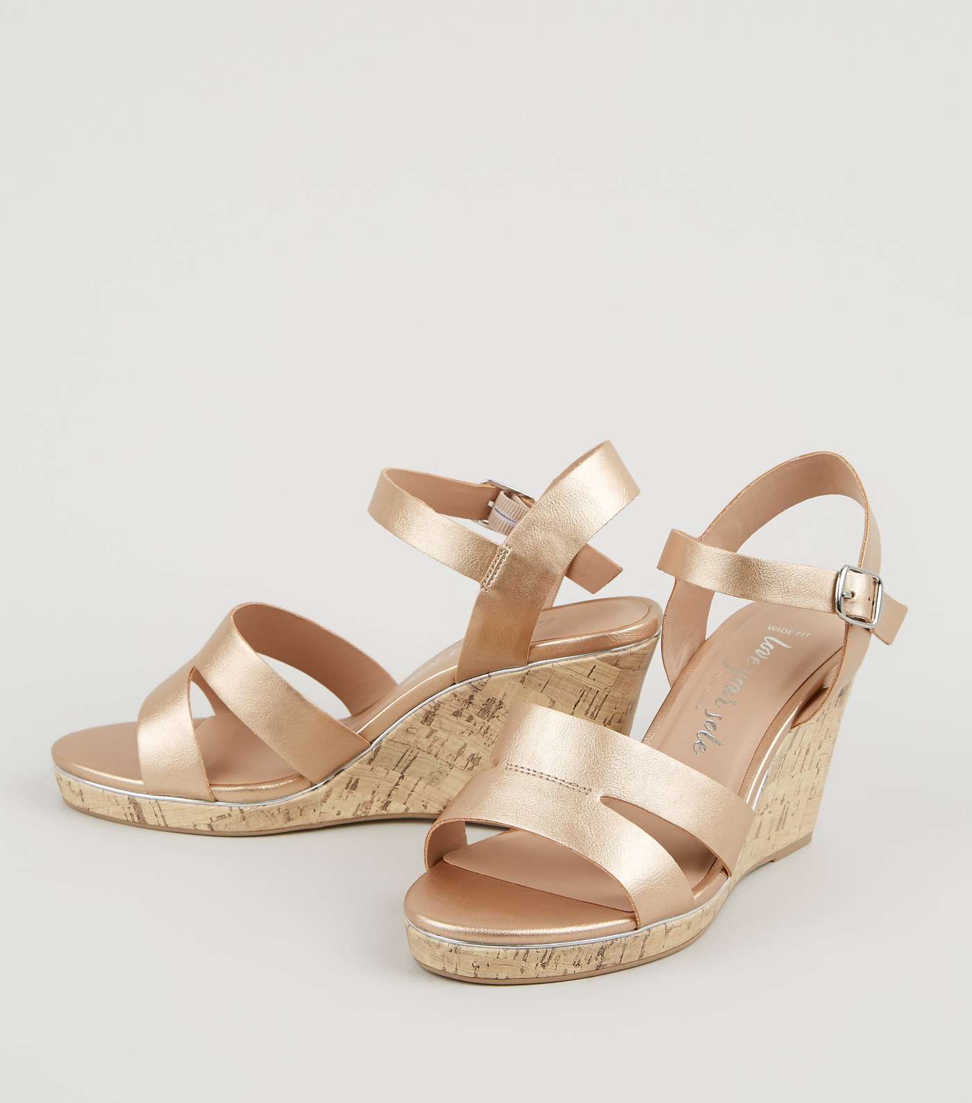 Wide Fit Rose Gold Leather-Look Cork Wedges Image 3