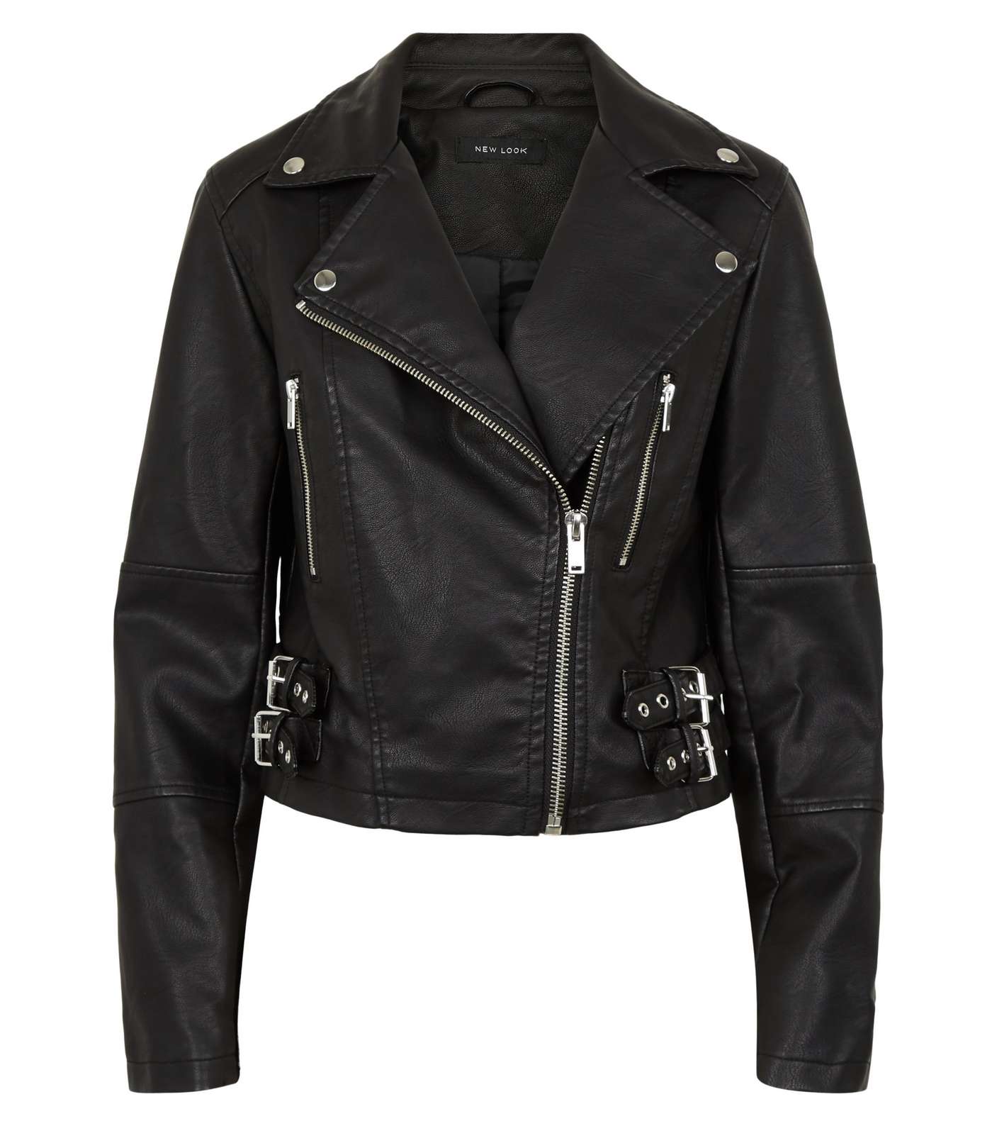 Black Leather-Look Buckle Biker Jacket Image 4
