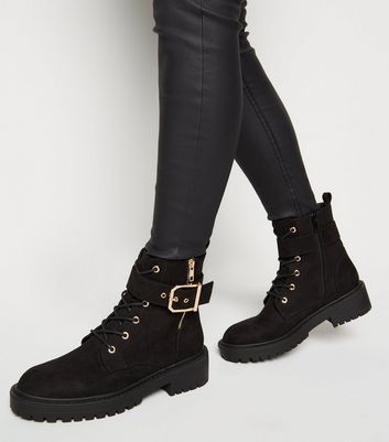 black suedette lace up chunky biker boots