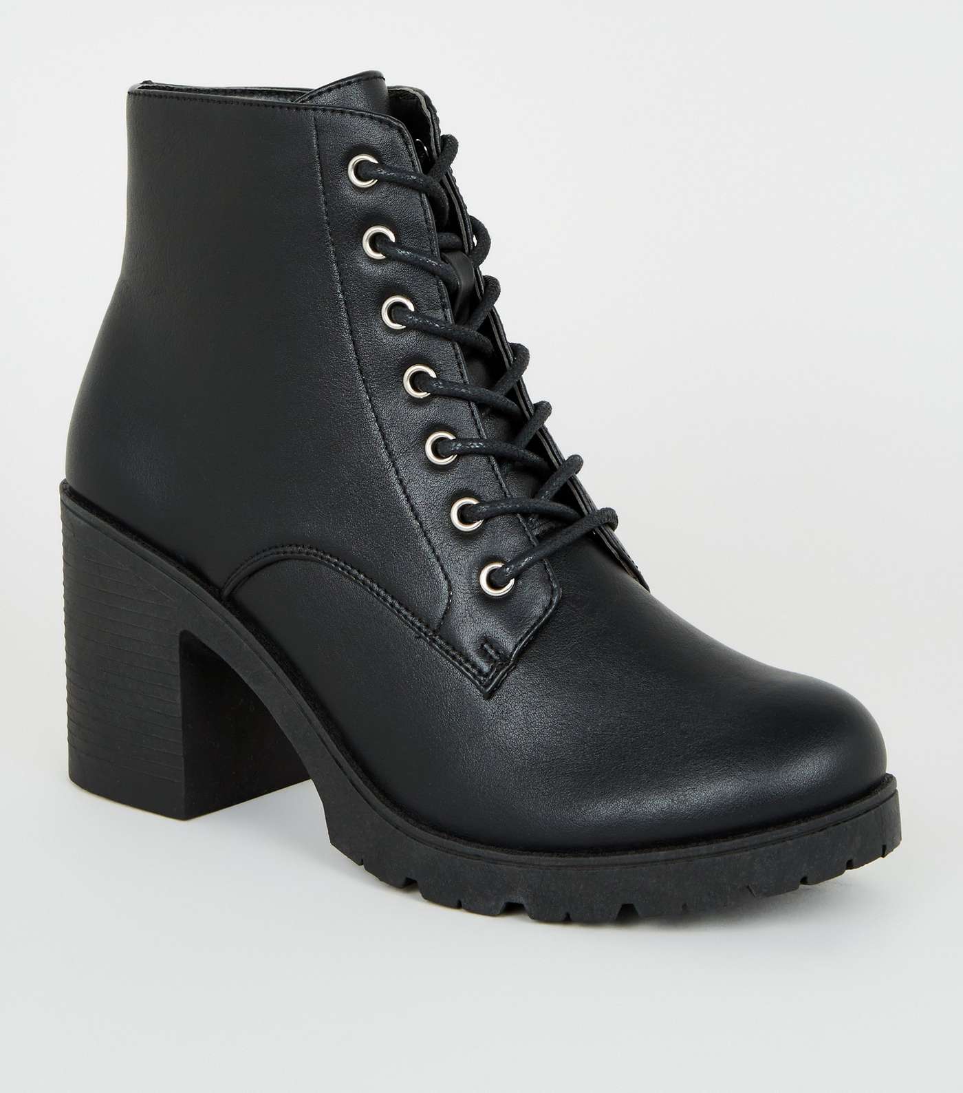 Black Leather-Look Lace Up Heeled Boots